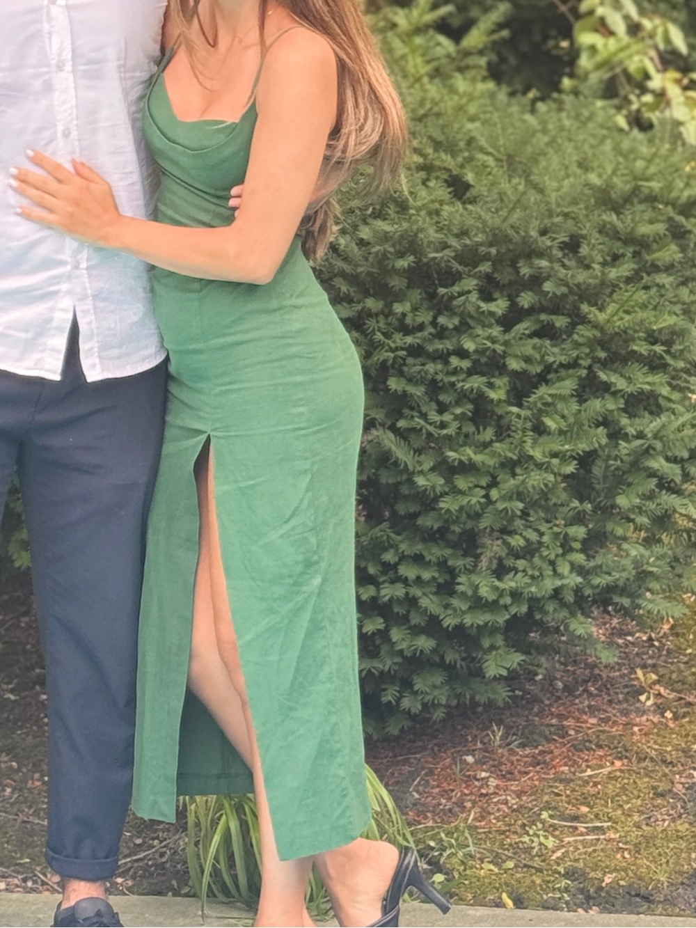 Zara Green Cowl-Neck Midi Dress with Front Slit